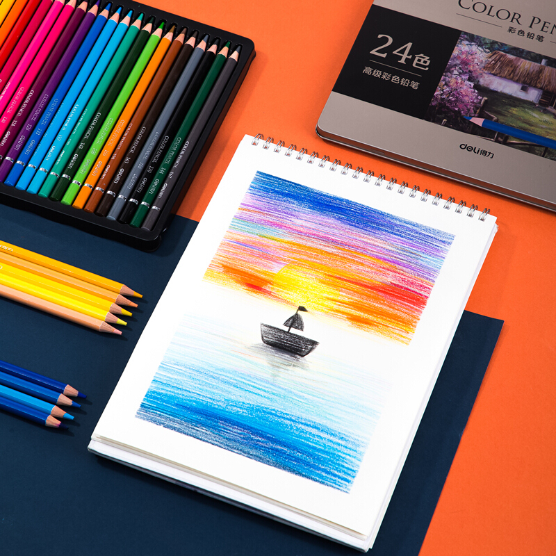 得力(deli)铁盒装 油性24色彩铅 彩色铅笔 填色笔 6565